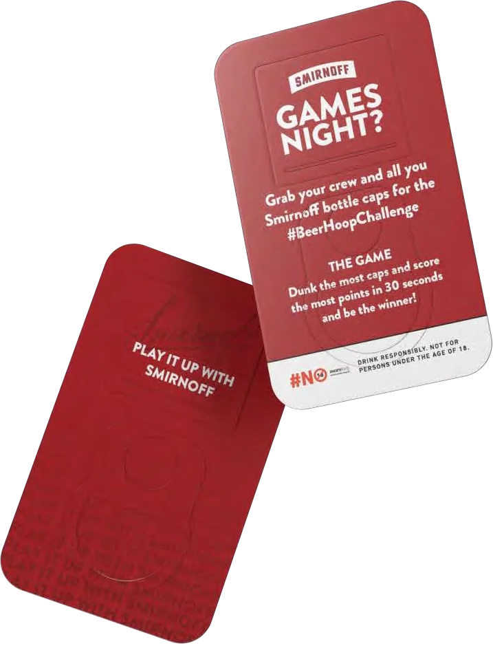 The Cap Hoop: red Games Night cards for Smirnoff bottle caps