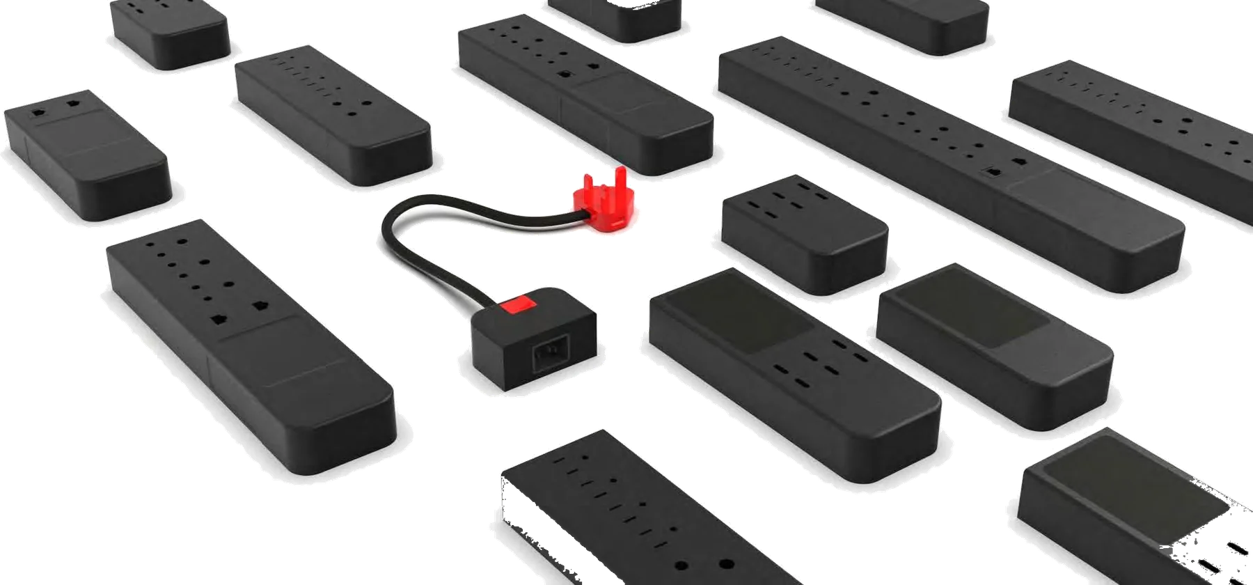 Modular extension cord: black snap-together modules with a red plug
