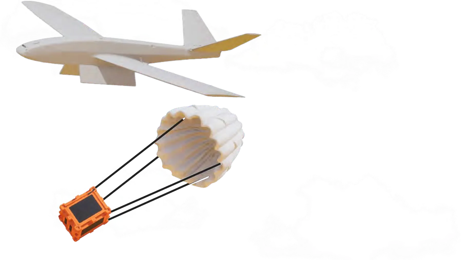 GlobalRelief unit being dropped by parachute from a drone