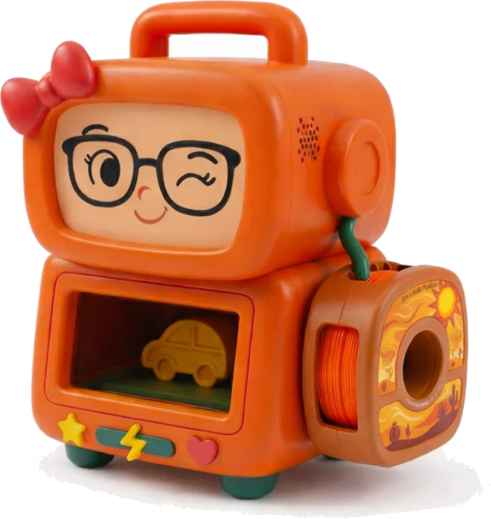 JellyBot, an orange creative computer for children with a winking face on its screen